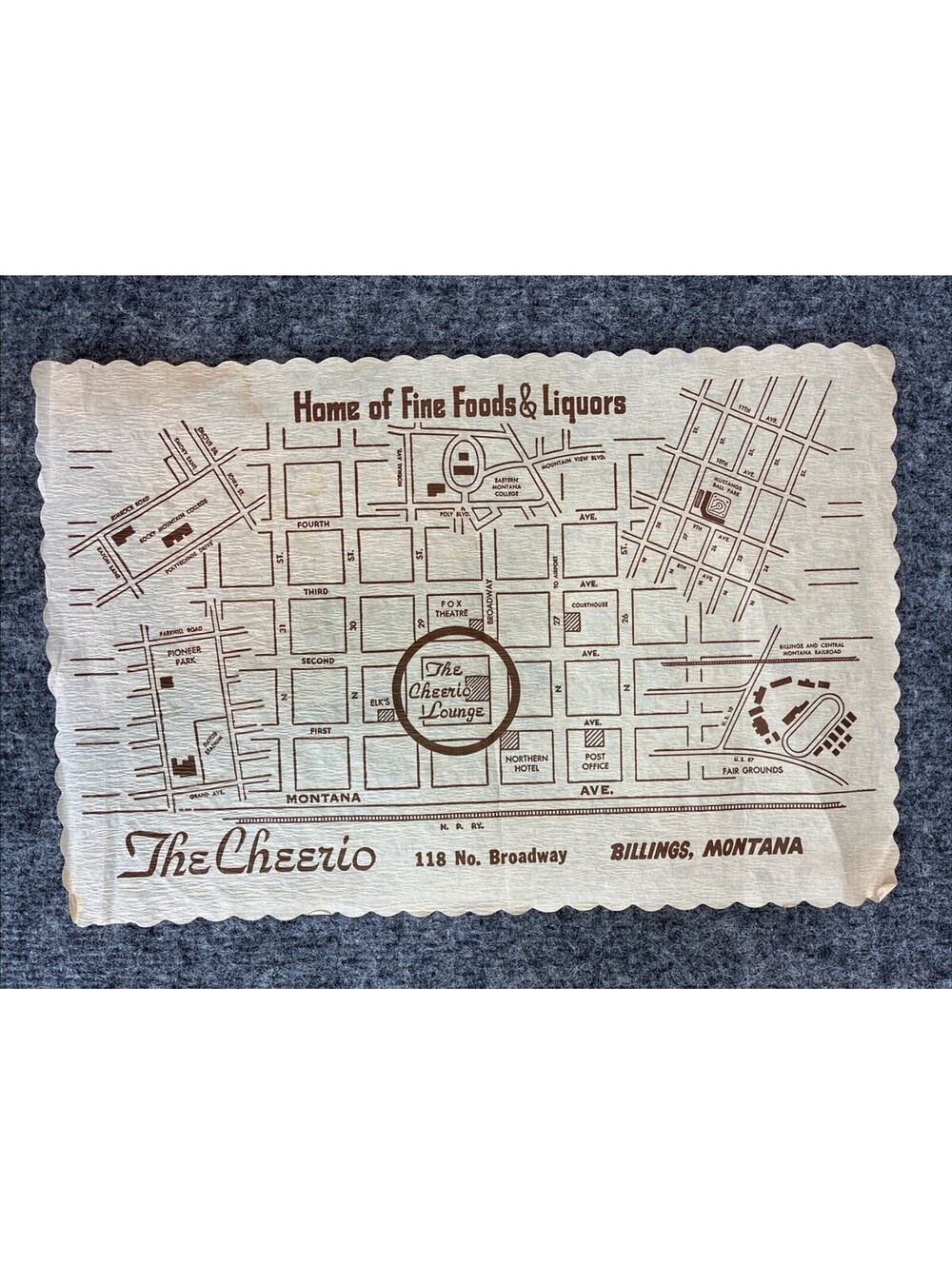 Vintage Cheerio Lounge Map Placemat Billings Montana Northern Pacific Railway